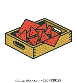 This stylized graphic illustration depicts a small wooden crate filled with a batch of crunchy red tortilla chips. The clean artistic representation captures the texture of the wooden container and the appetizing triangular shapes of savory snack food.