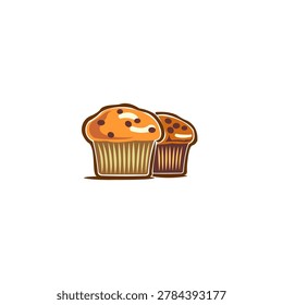 This is a stylized graphic illustration of two chocolate chip muffins sitting side-by-side against a plain white background.