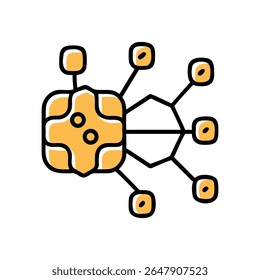 Este ícone estilizado apresenta uma forma geométrica central com protrusões arredondadas, conectadas por linhas a elementos circulares menores. O design usa contornos pretos em negrito e um preenchimento amarelo quente.