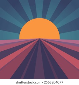 This stylized illustration captures a vibrant sunset with a large, bright orange sun on the horizon. Radiating rays extend outward in a radial pattern,