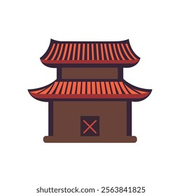 This stylized illustration depicts a traditional East Asian building, characterized by its distinct architectural features such as curved, tiered roofs with red tiles and a brown structure.