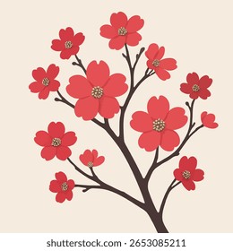 Esta é uma ilustração estilizada de um galho de árvore adornado com flores vermelhas vibrantes. Cada flor apresenta pétalas arredondadas e um conjunto de pequenos estames de cor clara no centro. O irmão escuro