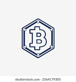 This stylized illustration features the Bitcoin symbol "B" with two vertical lines, enclosed within a hexagon. The hexagon has small circles at each vertex and along the edges.