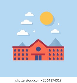 This stylized illustration features a building with a red facade and blue windows. The building has a triangular roof with two smaller triangular structures on either side.