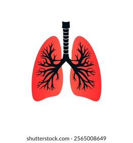 This stylized illustration features the human lungs in red with branching black structures representing the bronchial tree. The trachea is also shown, leading down to the bronchi.