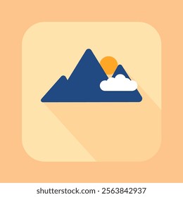 This stylized illustration features a natural landscape with two blue mountains, a yellow sun positioned behind the smaller mountain, and a white cloud in front of the smaller mountain.