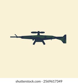 This stylized illustration features a sniper rifle with a camouflage pattern in shades of green and black. The rifle is depicted in a side profile view,