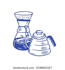 Dies ist eine stilisierte Illustration, die essenzielle Kaffeebrühwerkzeuge mit Chemex und Wasserkocher zeigt