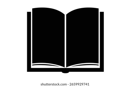 Esta Imagen estilizada representa un libro abierto, representado como una silueta negra minimalista sobre un fondo blanco, que simboliza la educación, el aprendizaje y el mundo literario.
