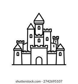 This is a stylized line drawing of a medieval-style castle. The castle features multiple towers of varying heights, a central arched entrance, and fortified walls with crenellations. The design is simple yet detailed, capturing the essence of a classic fortress from a side perspective.