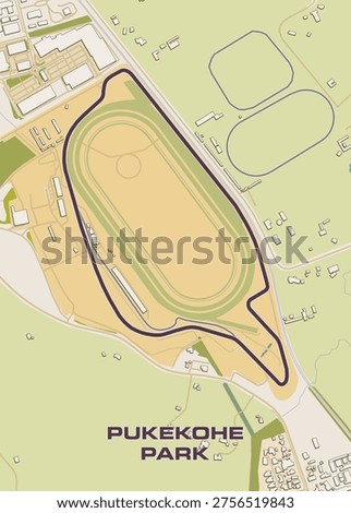 This is a stylized map of Pukekohe Park, a racing circuit. The main feature is the dark purple outline of the race track, with green lanes indicating the racing surface. Surrounding the track are various buildings, roads, and green spaces. In the lower part of the image, the text "PUKEKOHE PARK" is prominently displayed in a bold, dark font. The overall aesthetic is clean and graphic, resembling a digital map or blueprint.