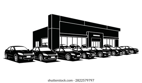 This stylized monochromatic graphic features a sleek contemporary car dealership showroom structure with a row of various automobiles parked neatly along the paved lot in the foreground.