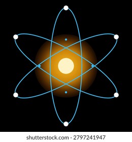 This stylized scientific illustration depicts a classic atomic structure with a bright yellow glowing nucleus at its center. Three blue elliptical orbital paths intersect, carrying small white spheres representing electrons. Set against a stark black background, the minimalist design conveys concepts of physics, chemistry, subatomic particles, energy, and molecular science.