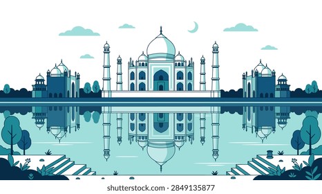 This stylized vector artwork depicts the iconic Taj Mahal mausoleum in Agra, India. The composition is perfectly symmetrical, showing the main marble structure and flanking buildings reflected in the calm waters of the river. The image uses a professional limited color palette of blues and teals, featuring minimal clouds and a moon in the sky.