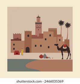 This stylized vector illustration captures the essence of Morocco, featuring a traditional cityscape bathed in warm desert hues. Two camels, one silhouetted and one brightly colored, rest in the foreg