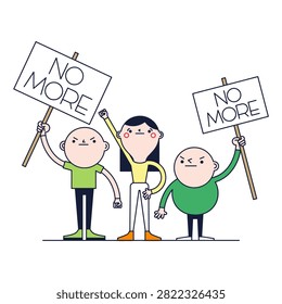 This stylized vector illustration captures a determined group of cartoon character activists standing together during a peaceful public rally. Featuring clean line art and simple geometric forms, the diverse individuals raise their fists in solidarity and hold up high-contrast placards displaying the bold message 