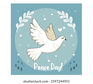 This stylized vector illustration features a graceful white dove, symbolizing peace, set against a serene blue background