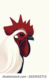 Esta é uma ilustração vetorial estilizada de um galo. A arte enfatiza o proeminente pente vermelho do galo e as barbas, contrastando com suas penas brancas limpas e bico escuro. O uso de bold lin