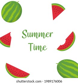Esta es una tarjeta de verano con sandía y texto sobre fondo blanco.