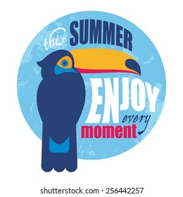 This summer enjoy every moment poster with tropical bird cockatoo vector illustration in blue round composition. No transparency, no gradients, no meshes.