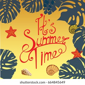 this summer, lettering, text, shadow of palm leaves on the sand, shells , starfish,vector illustration