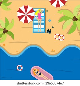 This summer, there are women wearing bikinis, sunbathing on the beach and there is a woman wearing a bikini in the sea. Vacation on the holidays poster template. 