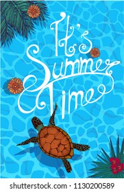 this is summer time, lettering, vector illustration , water top view , palm leaves, tropical flowers, sea turtle, hand drawing