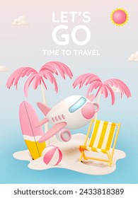 This summer travel background captures the essence of vacation with a playful airplane, beach chair, and palm trees under a sunny sky.