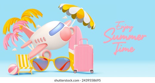 Este fondo de viaje de verano captura la esencia de las vacaciones con un avión juguetón, silla de playa y palmeras bajo un cielo soleado.