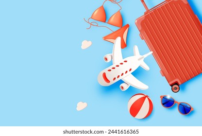 This summer travel background captures the essence of vacation with a playful airplane, beach chair, and palm trees under a sunny sky.