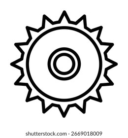 This sun icon is a simple, minimal design. It represents solar energy, summer, and the warmth of a bright day. The icon is isolated on a white background.
