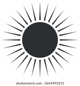 This sun vector icon features a solid central disk surrounded by long, pointed rays. It serves as a versatile graphic element for digital and print projects, symbolizing warmth and brightness.