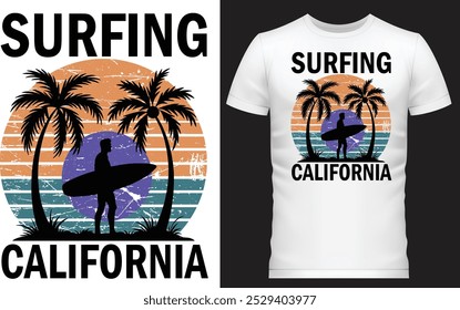 This 'Surfing California' t-shirt showcases a retro sunset, palm trees, and a surfer silhouette, embodying the spirit of California’s beach life. Ideal for summer outings, casual wear, or surf lovers.