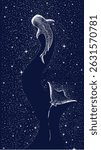 This surreal, star-studded artwork features a celestial scene in which a whale and a manta ray swim gracefully through a cosmic ocean. Formed with intricate dotwork and flowing curves, the two marine 