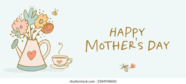 This sweet banner features hand-drawn flowers, a teacup, bumblebee and a Happy Mother's Day message.