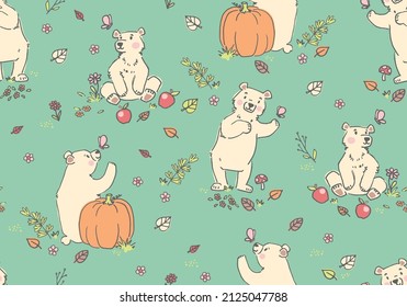 This sweet bear is enjoying lovely fall day  This hand  drawn character makes lovely seamless vector pattern perfect for surface designs   backgrounds 