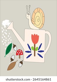 This sweet children’s painting shows a smiling watering can pouring water on blooming flowers. With bright colors and happy vibes, it brings the garden to life!