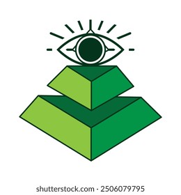 This is a symbol of a pyramid with an abstract eye at the top in green color on a white background