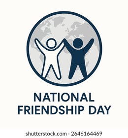 This is a symbolic vector illustration for "NATIONAL FRIENDSHIP DAY." It features two minimalist, stylized human figures reaching up towards a crescent moon with small stars. 
