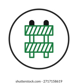 Este visual simbólico mostra uma barreira estilizada dentro de um círculo, significando uma zona de construção, obstáculo ou área onde é necessário cuidado. O projeto enfatiza as barreiras, as medidas de segurança e