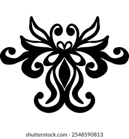 This symmetrical black ornamental design features flowing, curved shapes inspired by natural forms like lilies, orchids, roses, peonies, and irises. Perfect for invitations, wall art, stationery, text