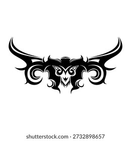 This symmetrical black vector illustration features an aggressive tribal art design, ideal for tattoos, logos, decals, or branding that requires a powerful and edgy aesthetic. The artwork suggests stylized horns or a fierce mask shape against a white background.