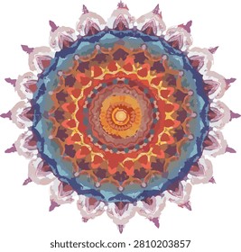  This symmetrical, circular illustration features a harmonious blend of blue, soft red, and warm accent colors, providing a soothing and spiritual aesthetic.  yoga-themed designs, wall art, stationery, fabric prints, and creative graphic backgrounds.