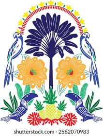 This symmetrical, colorful design features a central tropical tree flanked by two parrots and two toucans.