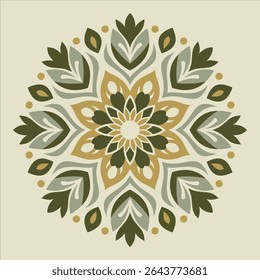 This is a symmetrical green and beige floral ornament pattern, featuring stylized petals and teardrop shapes and could be used for backgrounds.