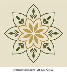 This is a symmetrical green and beige floral ornament pattern, featuring stylized petals and teardrop shapes and could be used for backgrounds.