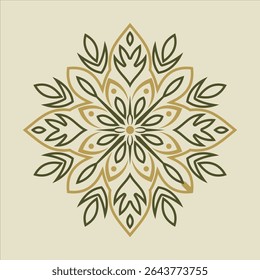 This is a symmetrical green and beige floral ornament pattern, featuring stylized petals and teardrop shapes and could be used for backgrounds.