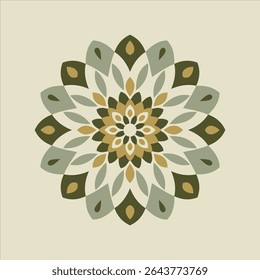 This is a symmetrical green and beige floral ornament pattern, featuring stylized petals and teardrop shapes and could be used for backgrounds.