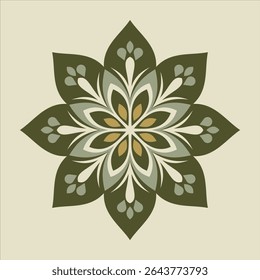 This is a symmetrical green and beige floral ornament pattern, featuring stylized petals and teardrop shapes and could be used for backgrounds.