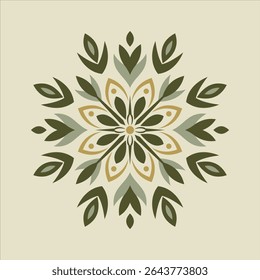 This is a symmetrical green and beige floral ornament pattern, featuring stylized petals and teardrop shapes and could be used for backgrounds.